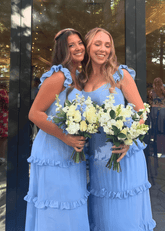 Andrea | Sheath Ruffles Blue Chiffon Maxi Bridesmaid Dress with Scoop and Lace - up Back - Price #price_variant_lowest# - Blue - PromDressClub